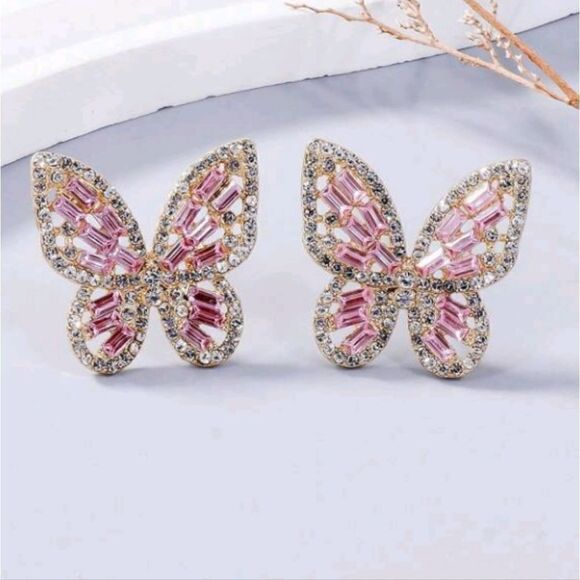 Pink Butterfly Rhinestone Earrings - Picture 1 of 3
